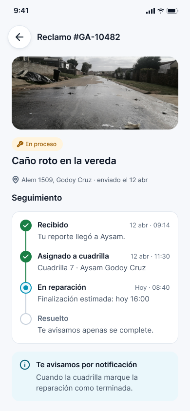 Pantalla de seguimiento de un reclamo